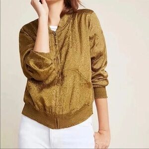 Maeve by Anthropologie Green Lightweight Leopard Bomber Jacket Blouse Size Small